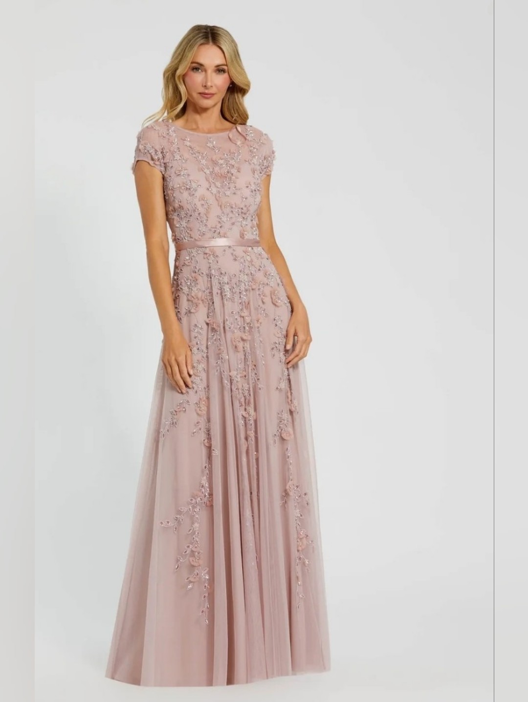 Macduggal Floral Beaded Mocha Pink Short Sleeve Evening Gown Dress Gown 4